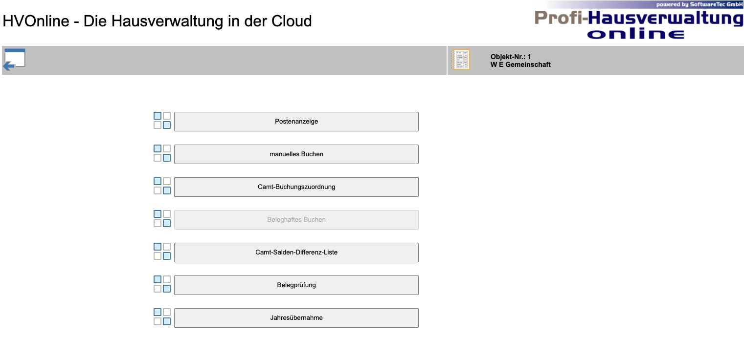 Buchhaltungsbereich von Profi-Hausverwaltung Online mit CAMT-Buchungszuordnung, Salden-Differenz-Liste und Belegprüfung