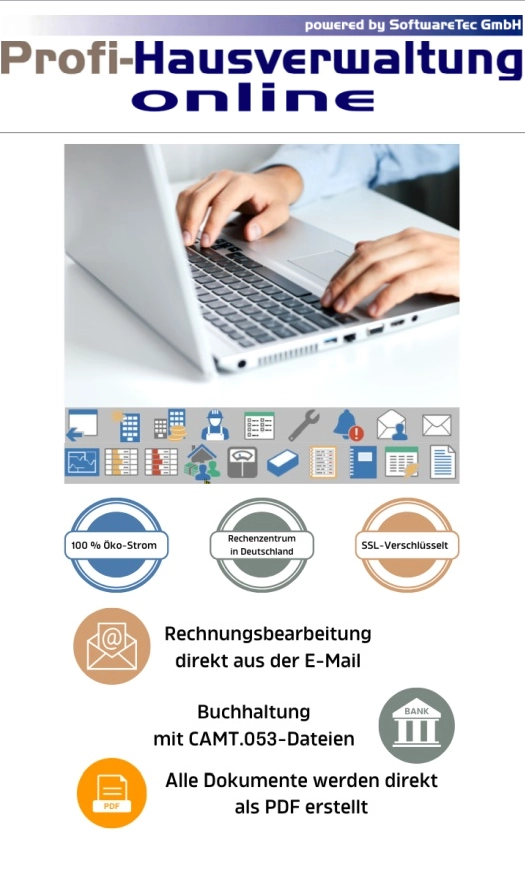 Produktgrafik von Profi-Hausverwaltung Online mit Laptop und Symbolen für Hosting und digitale Arbeitsabläufe