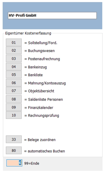 Buchhaltungsmenü von Profi-Hausverwaltung SQL mit Buchungswesen, Rechnungsprüfung und Belegzuordnung