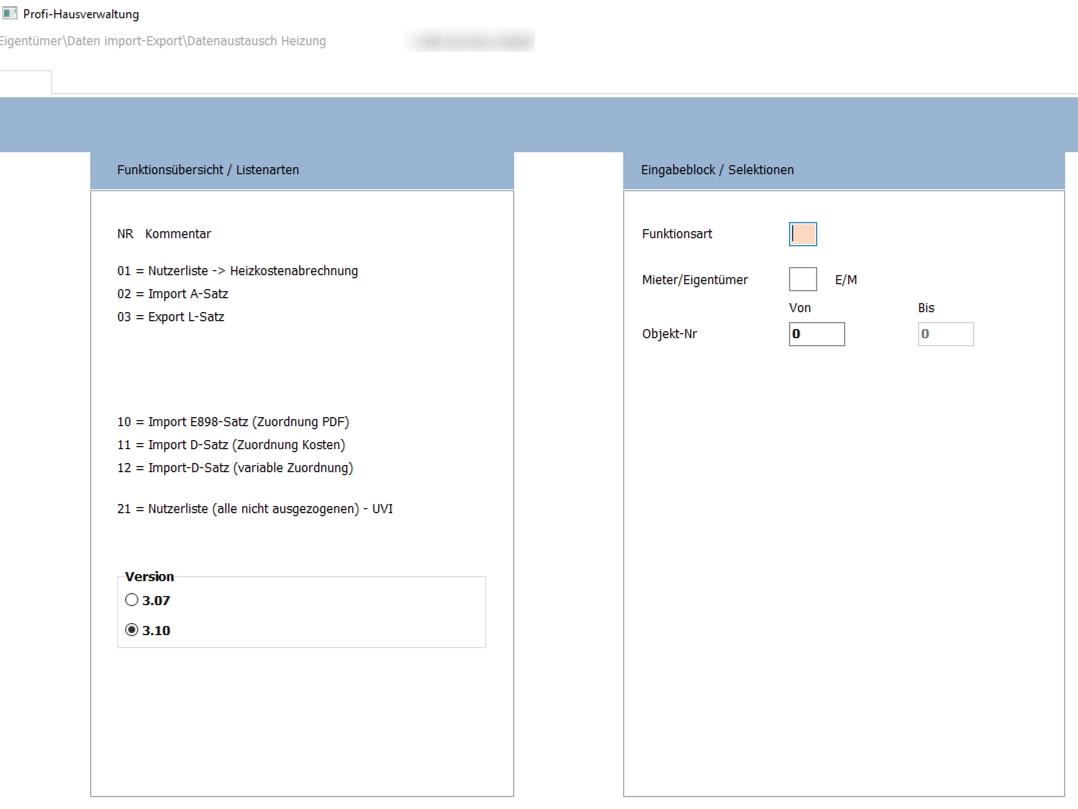 Programmansicht für den Heizkostendatenaustausch mit Import, Export und PDF-Zuordnung