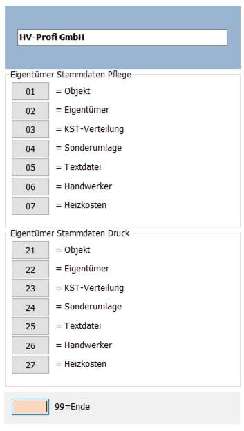 Stammdatenmenü von Profi-Hausverwaltung SQL mit Objekten, Eigentümern, Verteilungen und Heizkosten